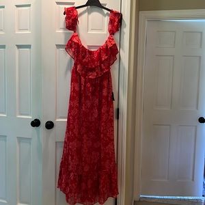 Off the shoulder, red floral print dress
